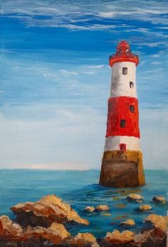 a painting of a red and white light house in the middle of water with rocks around it