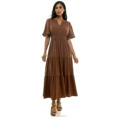 Embrace effortless chic in this tiered maxi dress. The elastic waist creates a flattering silhouette, while the delicate bell sleeves add a feminine touch. The Y-front closure adds a touch of sophistication. Perfect for work, brunch, or a casual day out. Pair with sandals or sneakers for a relaxed look. Size: L.  Color: Brown.  Gender: female.  Age Group: adult. Bohemian Floral Dress, Plain Maxi Dress, Dress With Bell Sleeves, Short Sleeve Summer Dresses, Floral Dresses Short, Maxi Dress Wedding, Long Dress Casual, Tiered Maxi Dress, Polyester Dress