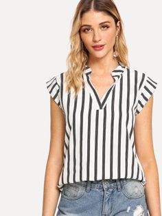 Striped Tops For Women Shein, Striped T-shirt With Contrast Stripes For Summer, Casual V-neck Top With Striped Collar, Cheap Everyday Striped T-shirt, Cotton T-shirt With Striped Hem For Everyday, Blue Striped Blouse, Striped Tops Women, Casual Stripes