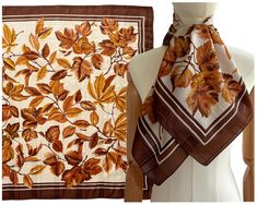 A beautiful vintage square in an autumnal leaf print.  Polyester Very good vintage condition.  Scarf measures: 30.5" x 30.5" ------------   Refund policy: Please check all pictures and measurements before purchasing and make sure you have read the descriptions properly before buying. I do not accept returns, unless there has been a significant mistake in the listing.   Delivery: Items from Vintage Frills Shop are dispatched once a week, but if something is required urgently, please let me know. Orange Square, Vintage Autumn, Brown And Orange, Fall Scarves, Autumn Leaf, Vintage Scarf, Leaf Print, Fashion Vintage, Square Scarf