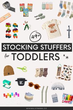 the cover of stocking stuff for toddlers is shown with toys and other items