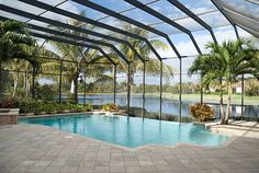 an outdoor swimming pool surrounded by palm trees and water features a glass roof over it