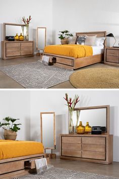 two pictures of a bedroom with yellow bedding and white walls, one has a large mirror on the wall