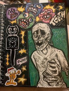 a drawing of a skeleton with various stickers on it's face and body