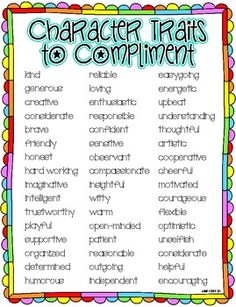 a colorful poster with the words character trains to compliments on it's side