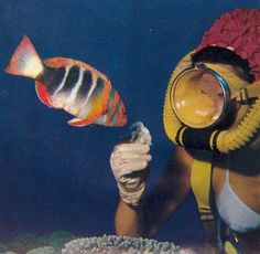 a man with a diving mask and goggles is looking at a fish