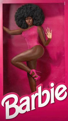 a barbie doll is posed in front of a pink background with the word barbie on it