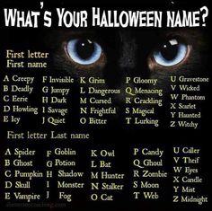 a black cat with blue eyes and the words what's your halloween name?