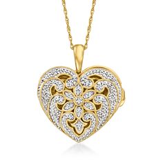 Ross-Simons - .10ct t. w. Diamond Milgrain Heart Locket Necklace Over Sterling. 18". Honor your most cherished memories with this gorgeous locket necklace. Sparkling scrolls and pretty petals adorned by .10 ct. t. w. round diamonds and milgrain detailing comprise the endearing heart design. Crafted in 18kt yellow gold over sterling silver. Fits a 1/2" x 5/8" photo inside. Suspends from a rope chain. Springring clasp, diamond milgrain heart locket necklace. Diamond birthstones are the perfect gif Silver Fits, Detailed Necklace, Diamond Birthstone, Heart Locket Necklace, Perfect Gif, Diamond Solitaire Necklace, Necklace Diamond, Heart Locket, Diamond Pendant Necklace