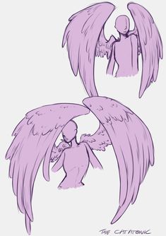 two drawings of an angel with large wings, one in purple and the other in white