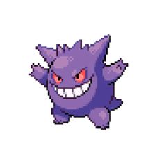 an image of a pixellated pokemon character with red eyes and purple hair, smiling