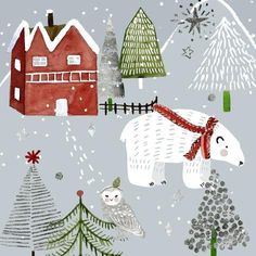 a drawing of a polar bear in the snow with christmas trees and houses behind it