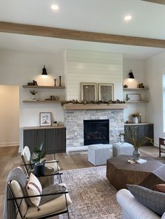 a living room filled with furniture and a fire place in the middle of a room