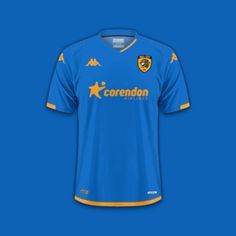 the jersey worn by the soccer team is blue with yellow trims and has an emblem on it