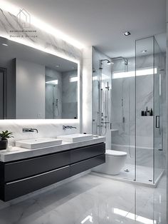 a bathroom with two sinks and a large mirror on the wall next to the shower