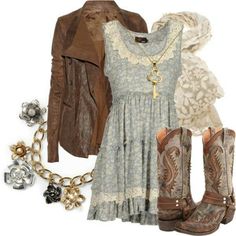 Lovely country outfit. Love that dress with that jacket! Love the jacket! And u can't go wrong with cowgirl boots and a sundress! Mode Country, Church Outfit, Country Girl Style, Country Dresses