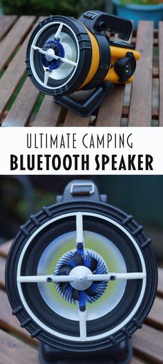 the ultimate camping bluetooth speaker is on top of a wooden bench with text overlay that reads, ultimate camping bluetooth speaker