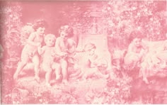 an old photo of some people and animals in the woods with pink ink on paper