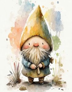 a watercolor painting of a little gnome