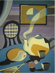 a painting of a teapot and cups on a table