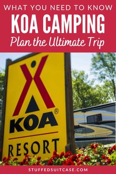 Shows a KOA Resort sign with an RV behind it. Koa Camping Cabins, Cabin Packing List, Camping In Tennessee, Camping Cabin, Travel Trailer Camping, Traveling With Kids