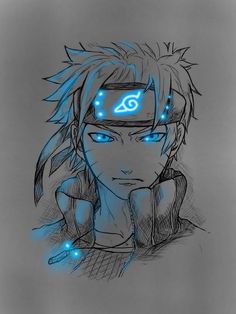 a drawing of an anime character with glowing blue eyes and headbands, pointing to the