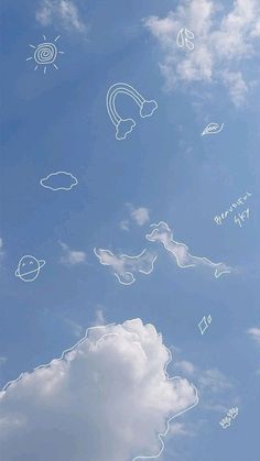 the sky is filled with clouds and drawings