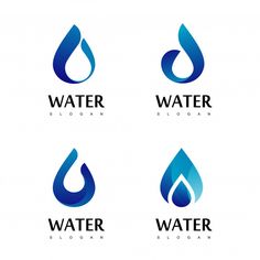 four water logo designs with different colors and shapes on the same side, including one blue drop