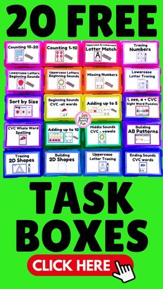 20 free task boxes to help students learn how to use the numbers in their classroom