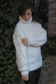 Mohair White Knit Women's Sweater White Colour Soft Warm | Etsy White Wool Knitted Sweater, White Wool Cable Knit Sweater, Cozy White Wool Sweater, White Wool Winter Sweater, White Wool Knit Sweater, White Wool Sweater For Fall, Mohair Sweater Knit, Long Sweaters For Women, White Turtleneck Sweater