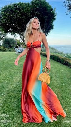 Barcelona Wedding Guest Outfit, Bright Color Wedding Guest Dress, Tropical Chic Wedding Outfit, Island Formal Wedding Attire, Sunset Dress Code, Hawaiian Wedding Guest Dress, Summer Beach Party Dress, Beach Chic Wedding Guest Attire, Greek Wedding Guest Outfit