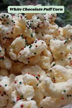 This Holiday White Chocolate Puff Corn is a quick, no-bake treat that’s perfect for the festive season! Made with puff corn, melted white chocolate, and colorful holiday sprinkles, it’s an easy recipe that takes just 10 minutes to prepare. Puff corn coated in white chocolate and topped with sprinkles is irresistibly sweet and perfect for parties, holiday gift ideas or snacking.  #10minuterecipe #nobakesnacks #holidayrecipes #puffcornrecipes White Chocolate Pirates Bootie Recipe, White Chocolate Corn Puffs Recipe, White Chocolate Cheeto Puffs, White Cheddar Puffs With White Chocolate, Christmas Puff Corn White Chocolate, White Chocolate Corn Puffs, Popcorn Puffs White Chocolate, Butter Puff Corn White Chocolate, White Chocolate Coated Puff Corn