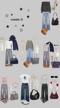 an image of clothes and accessories for the week in four different colors, with stars above them