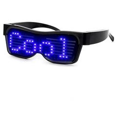 a pair of glasses with the word ben spelled in blue leds on it's side