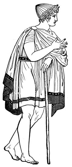 a drawing of a man in roman clothing holding a cane and wearing a hat, vintage line drawing or engraving illustration