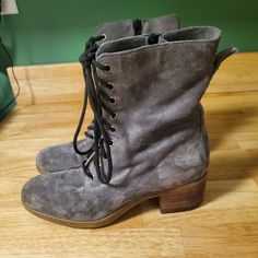 Good Condition - Only Worn A Few Times Discontinued Color Suede Upper Low Block Heel Full Length Side Zip Adaptable Lacing System Heel: 2" Height: 9.4" Suede Lace-up Boots With Almond Toe For Spring, Derby Boots, Low Block Heels, Lace Up Boots, Shoe Laces, Side Zip, Derby, Block Heels, Full Length