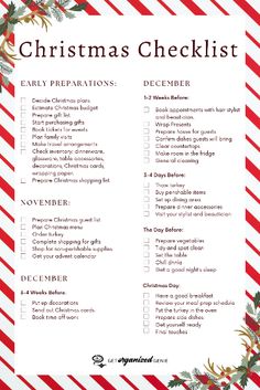 a christmas checklist with red and white stripes on the bottom, surrounded by holly wreaths