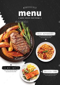 a restaurant menu with meat and vegetables on it