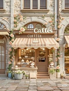 a coffee shop with flowers on the outside