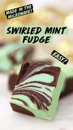 a close up of a piece of cake on a table with the words wired mint fudge above it