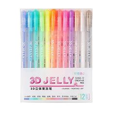 four different colored pens in a package with the words 3d jelly written on each one