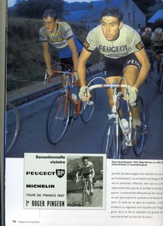 an advertisement for bicycle racing with two men riding bikes on the road in front of them