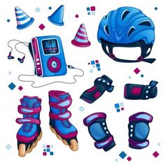 an illustration of various sports equipment including helmets, gloves and mittens on a white background