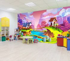 the children's room is decorated with colorful murals