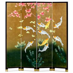 Gold Leaf Koi Fish Asian Floor Screen Asian Bedroom, Chinese Screen, Screen Divider, Koi Fish Designs, Floor Screen, Japanese Screen, Chinese Decor, China Furniture, Bamboo Tree