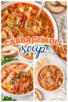 collage of cabbage soup in white bowls with text overlay that reads cabbage roll soup