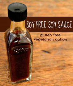 soy free soy sauce in a glass bottle on a wooden table with text overlay