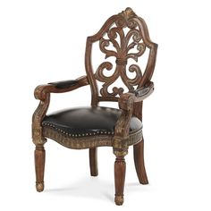 an ornate wooden chair with black leather upholstered seat and arm rests on a white background