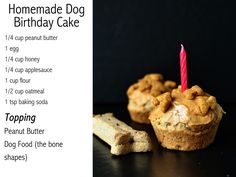 a recipe for homemade dog birthday cake with toppings and a lit candle on top