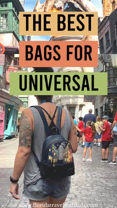 a man with a back pack walking down the street in front of a cat statue and text overlay that reads, the best bags for universal